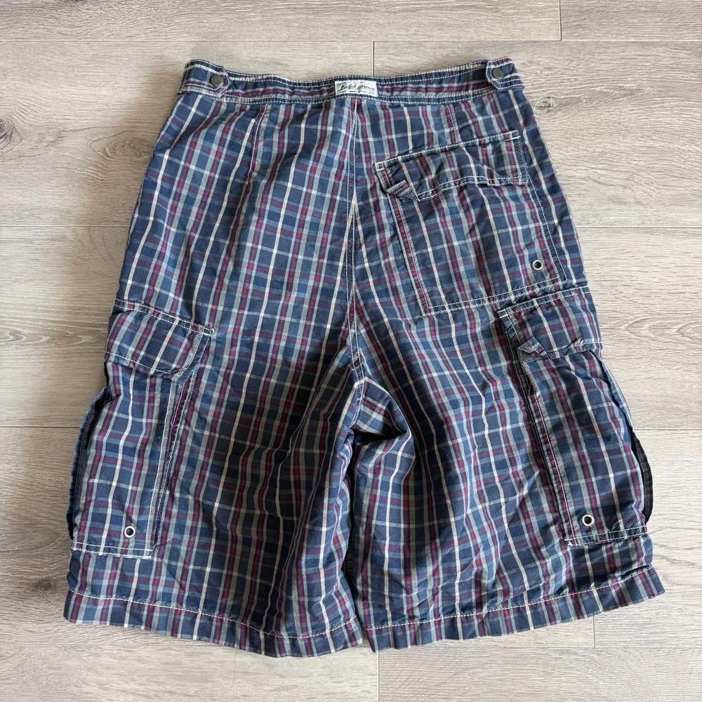 Y2K Polo Ralph Lauren Plaid Cargo Board Shorts Mens 28 Navy Blue Red Swim Trunks